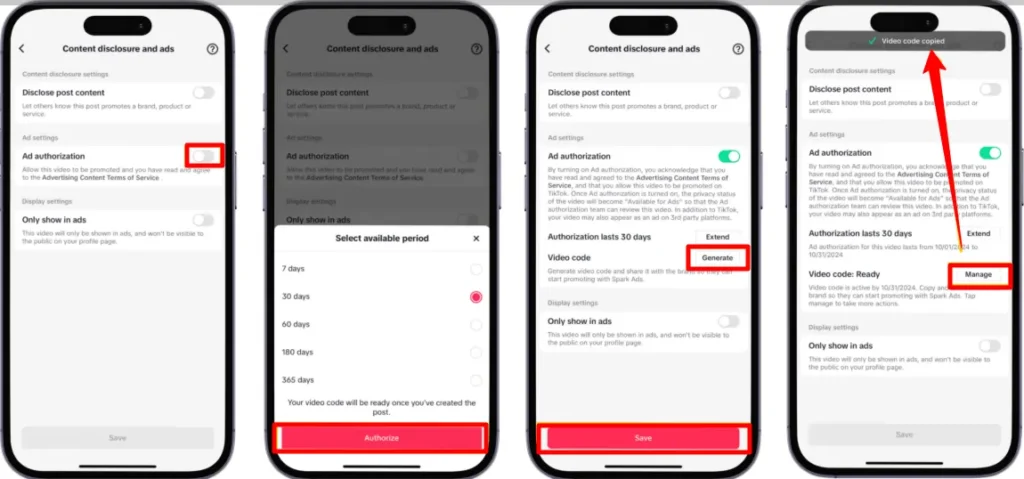 TikTok Ads Select Authorization Duration and Copy Code