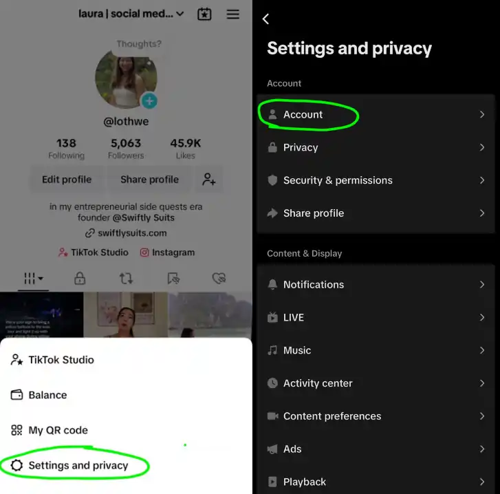Select Settings and privacy in TikTok and choose Account