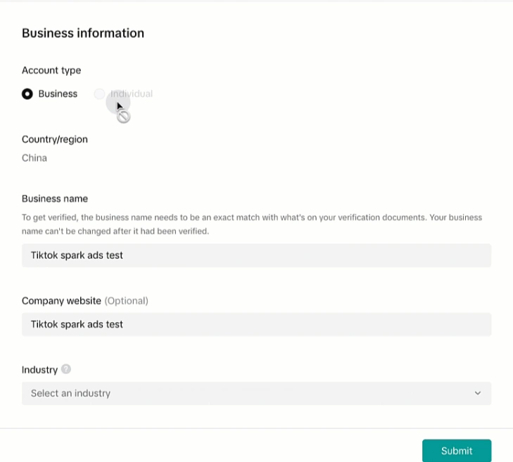 Select your account type for tiktok business verification